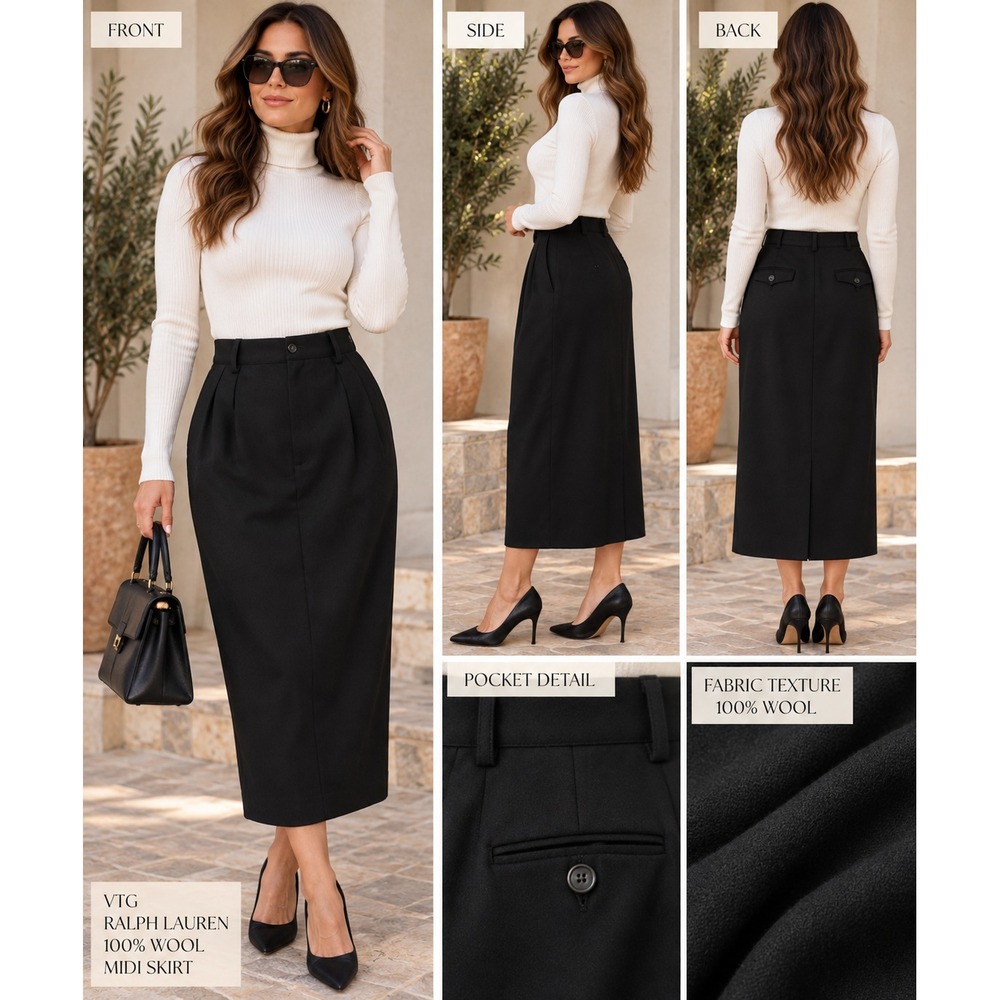 Ralph Lauren Size 10 Vintage 100% Wool Black Pleated High Waisted Midi Skirt USA